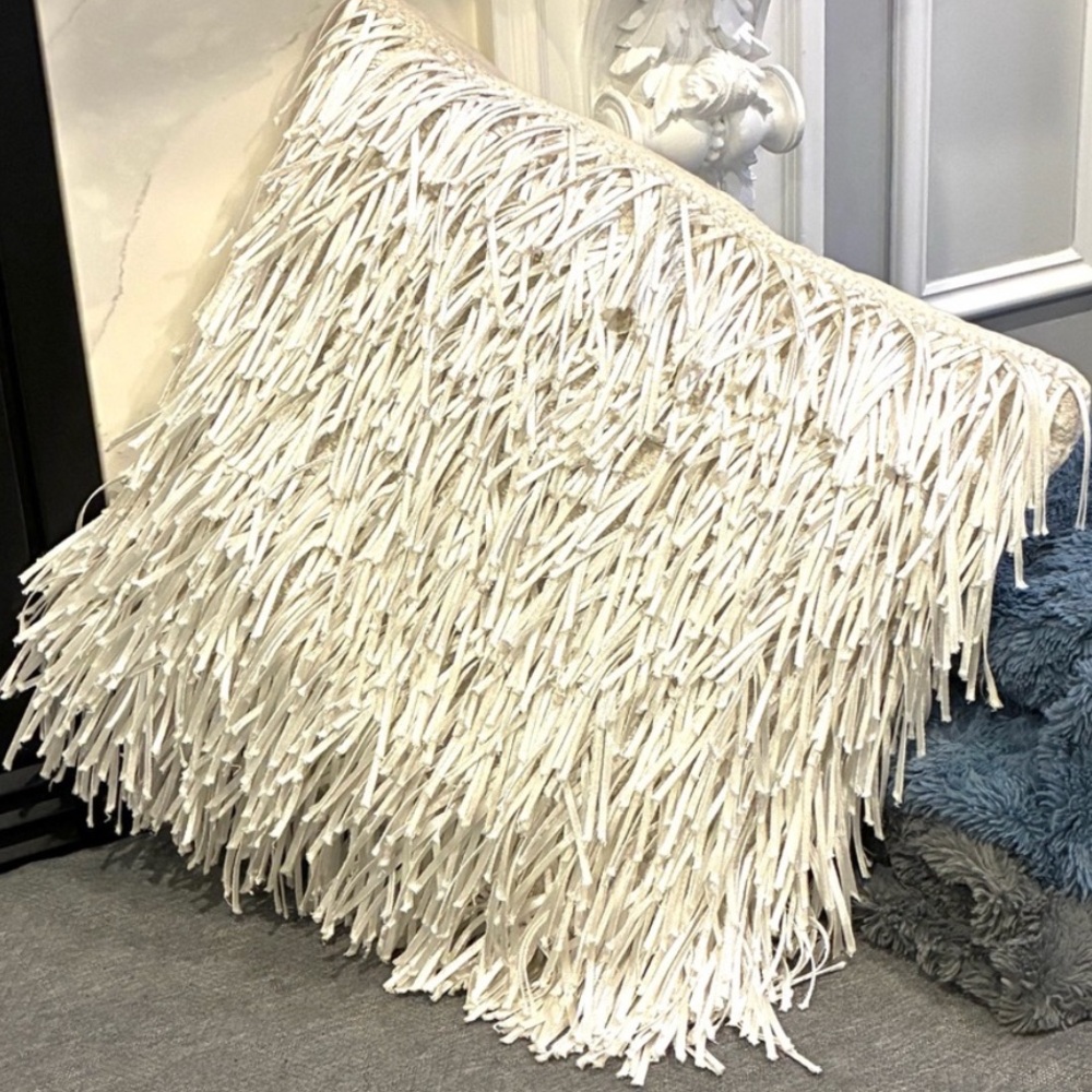 2 White Fringe Faux Leather Throw Pillows